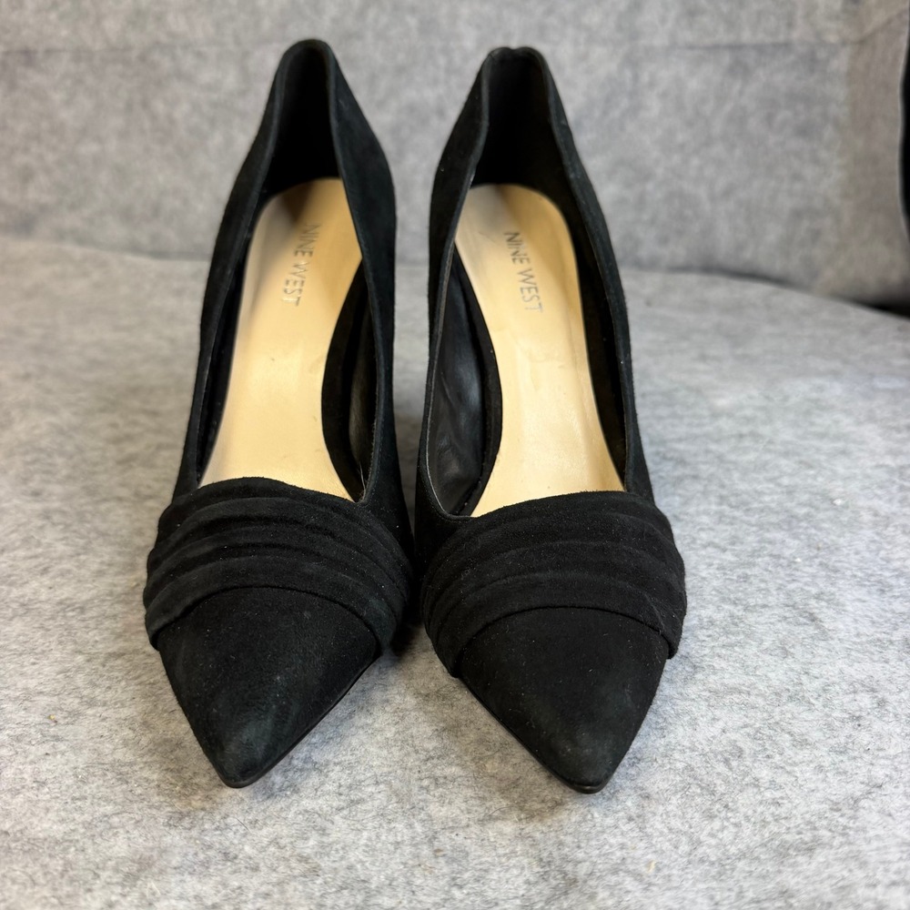 Nine West Womens Black Suede Pleated Pointed Toe Block Heel Pumps Size 8.5